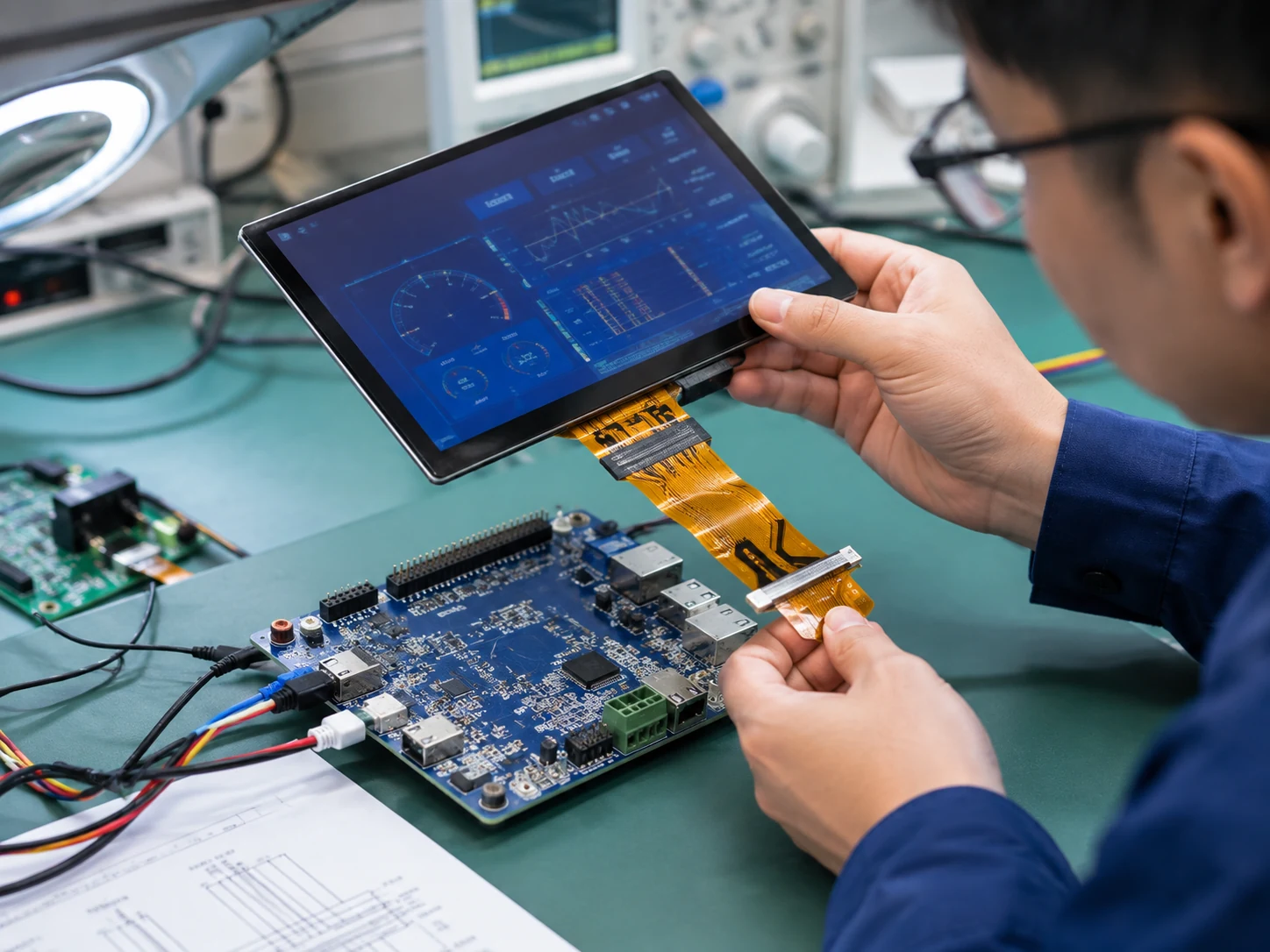 Engineer reviewing FPC cable routing and interface connection on a TFT display