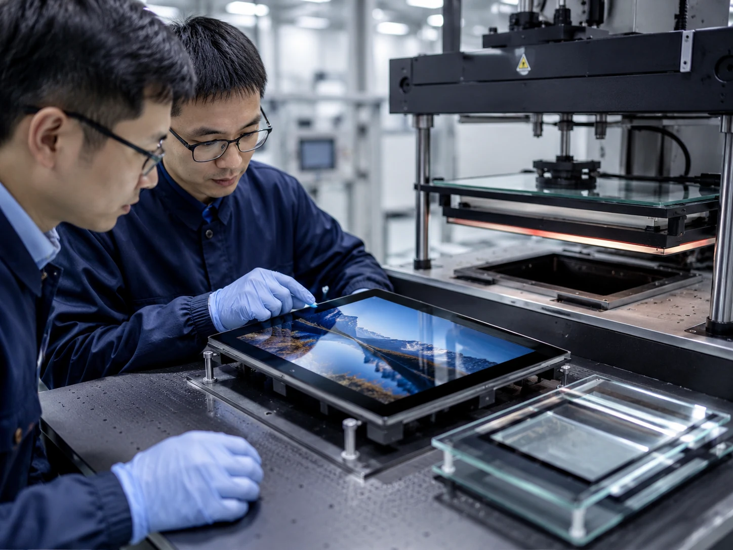 Technicians checking an optical bonding process for a display module