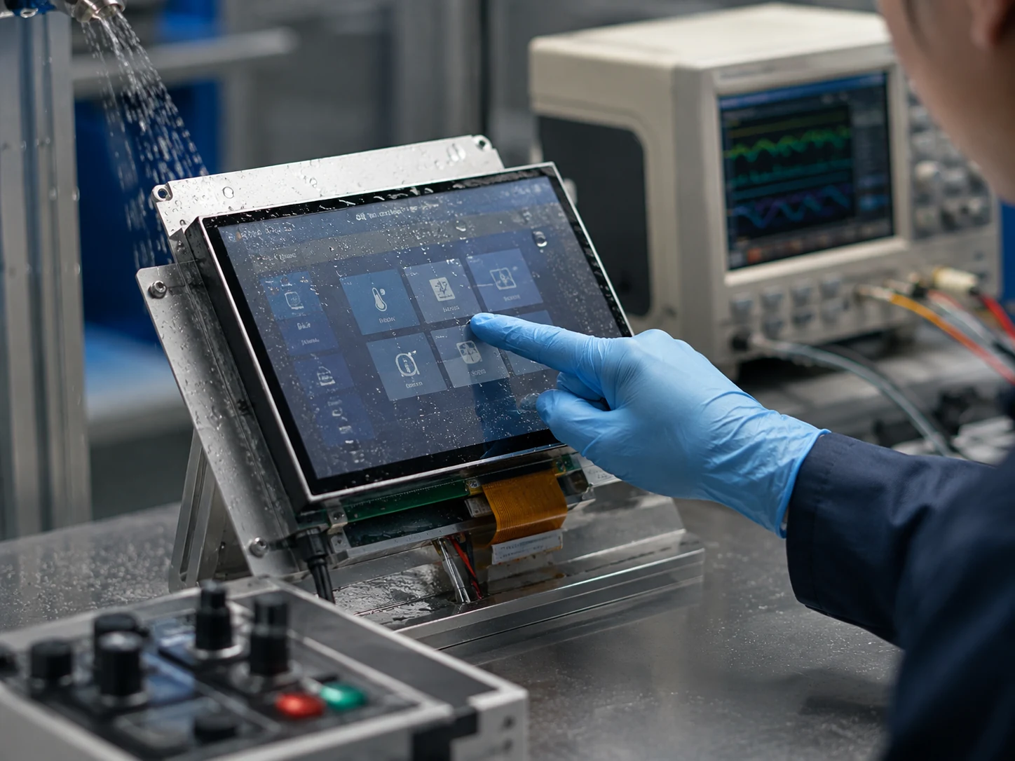 Industrial touch panel under water and glove operation test