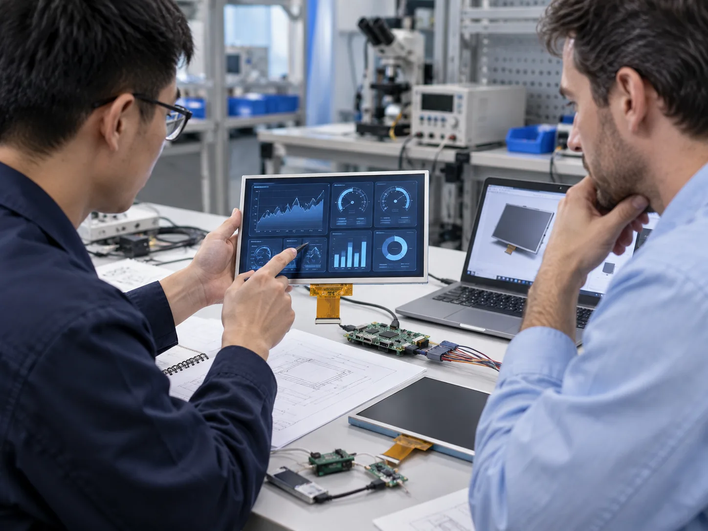 Illustrative engineers reviewing an industrial TFT LCD module and integration requirements