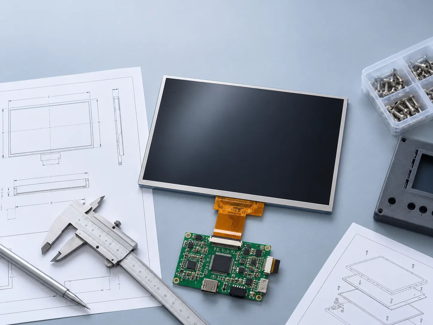 Illustrative TFT module mechanical drawing review with a caliper and interface board