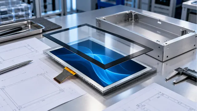 Illustration of a TFT display, cover glass and enclosure reviewed as a complete front stack
