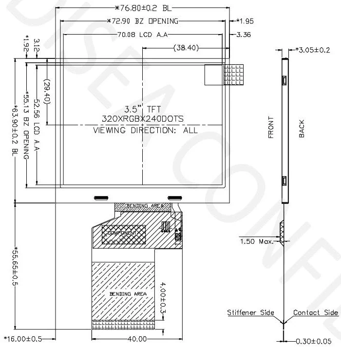 DS-T035HLWSA-01 mechanical drawing showing module outline, active area and FPC reference