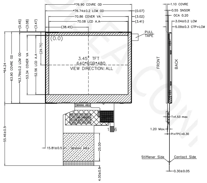 DS-T035SGV-01CP mechanical drawing showing cover, module outline, active area, thickness and FPC reference
