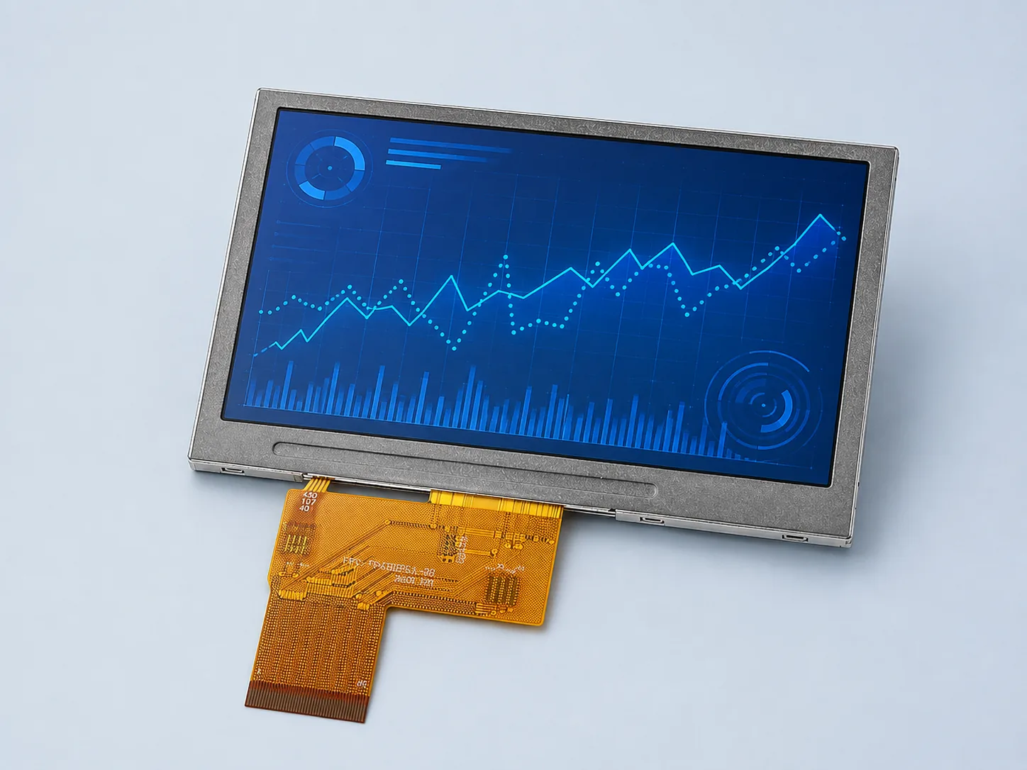 Angled view of DS-T043BPSA-02 TFT LCD module and complete FPC