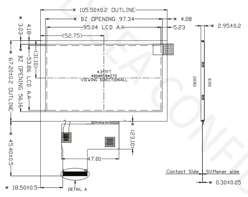 DS-T043BPSA-02 mechanical drawing showing module outline, active area and FPC reference
