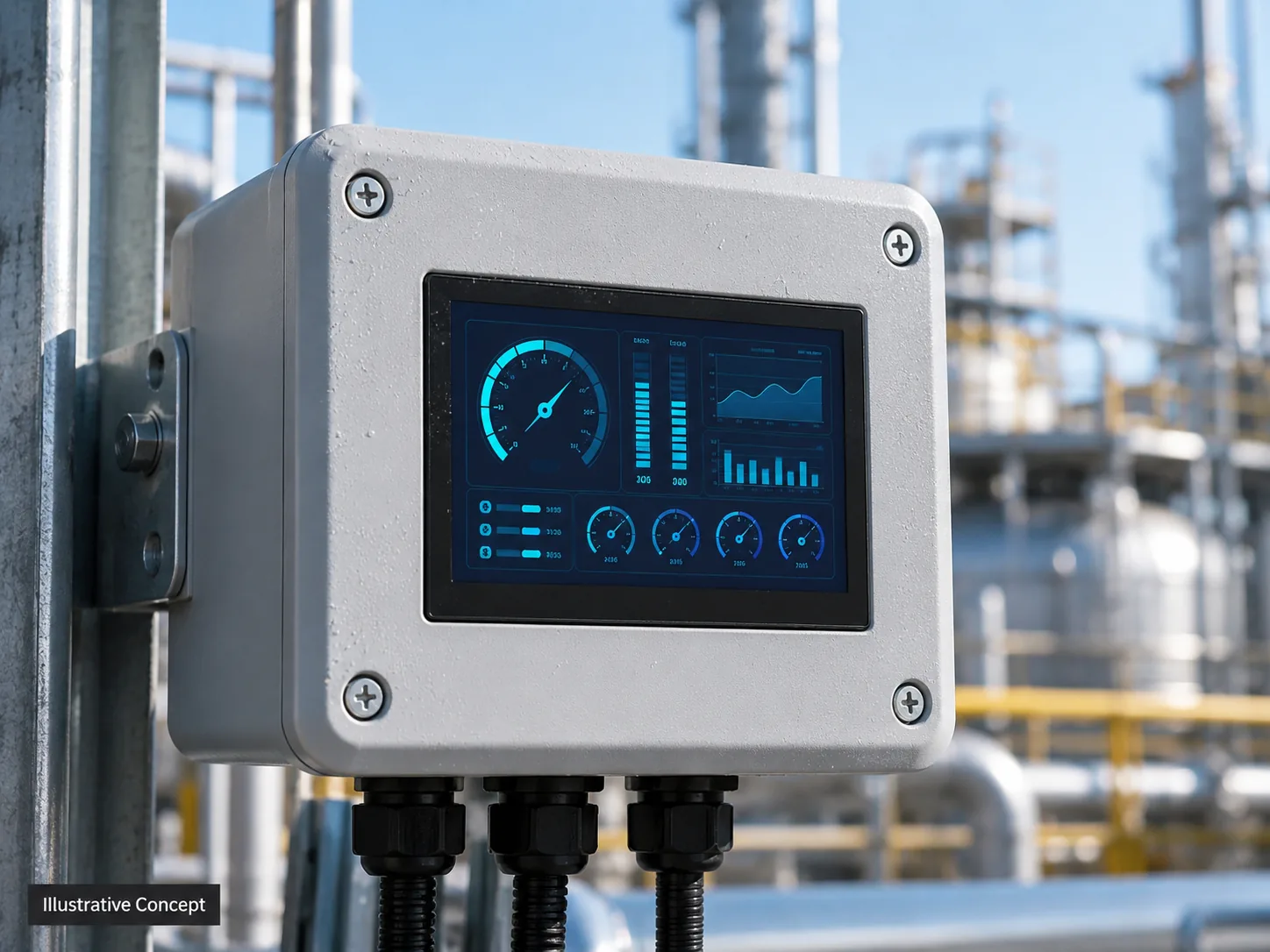 Illustrative outdoor industrial control equipment using a 4.3-inch sunlight-readable PCAP display