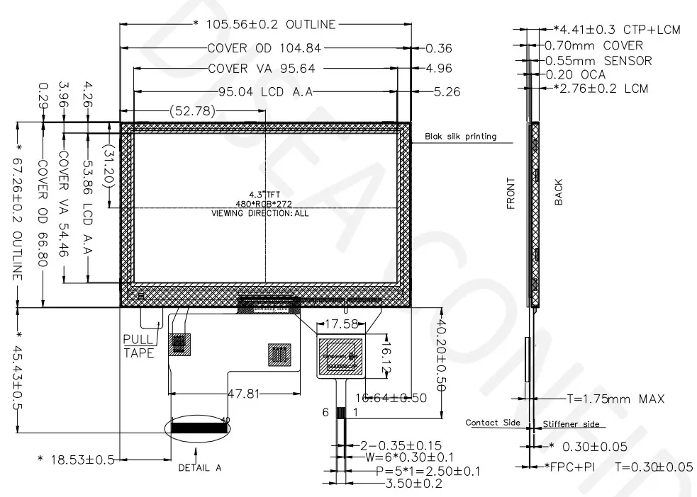DS-T043BPSA-02CP mechanical drawing showing cover, module outline, active area, thickness and FPC reference