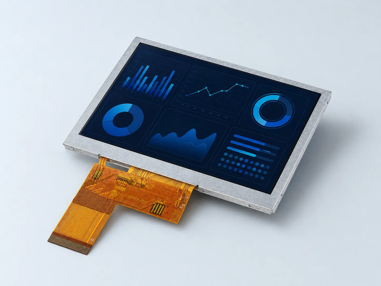 Angled view of DS-T043BWSA-02 TFT LCD module and complete FPC
