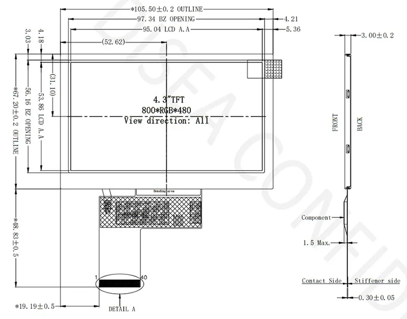 DS-T043BWSA-02 mechanical drawing showing module outline, active area and FPC reference