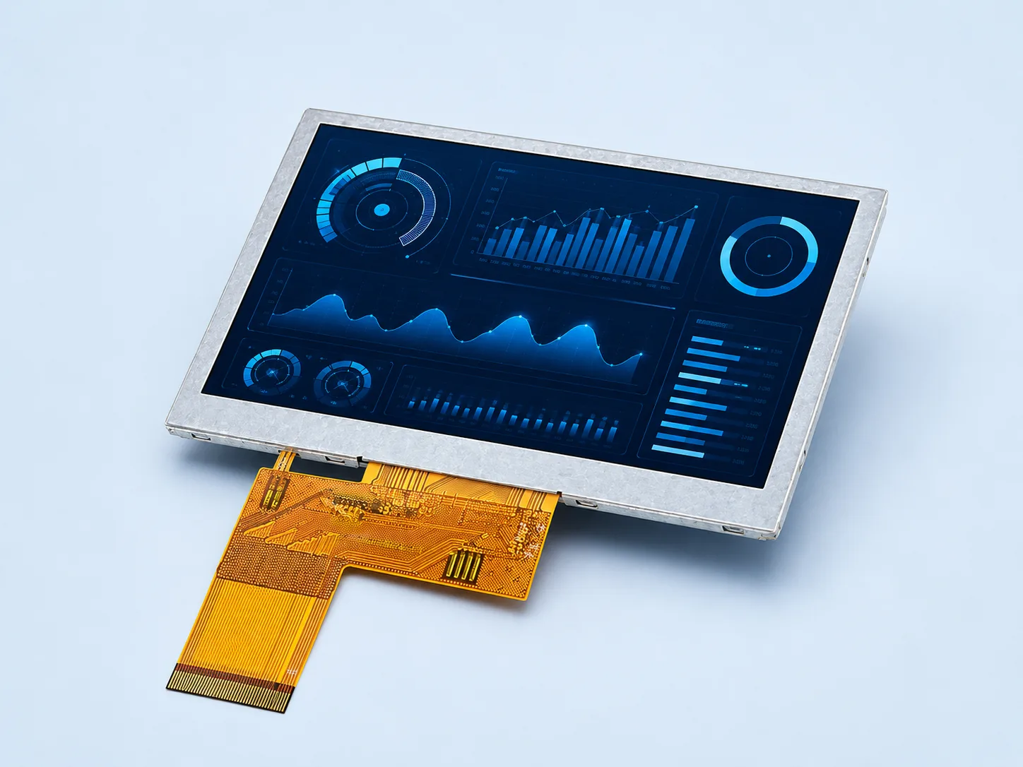 Angled view of DS-T043BWSWA-02 TFT LCD module and complete FPC