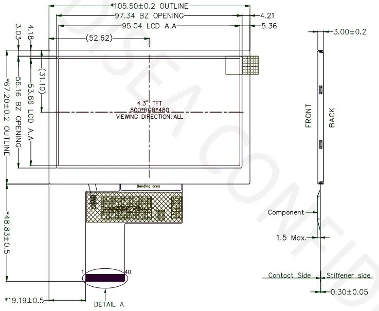 DS-T043BWSWA-02 mechanical drawing showing module outline, active area and FPC reference