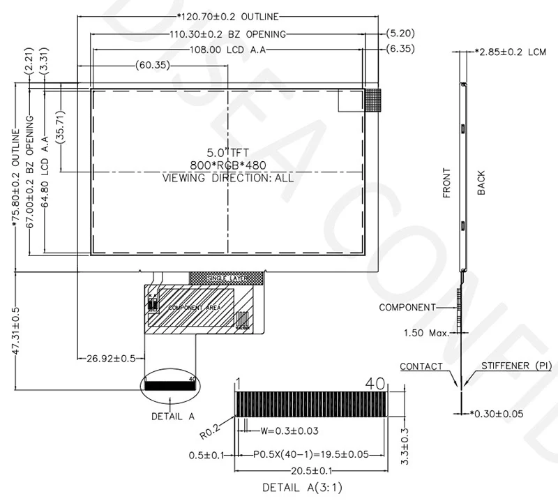 DS-T050BWSA-02 mechanical drawing showing outline, active area and FPC reference