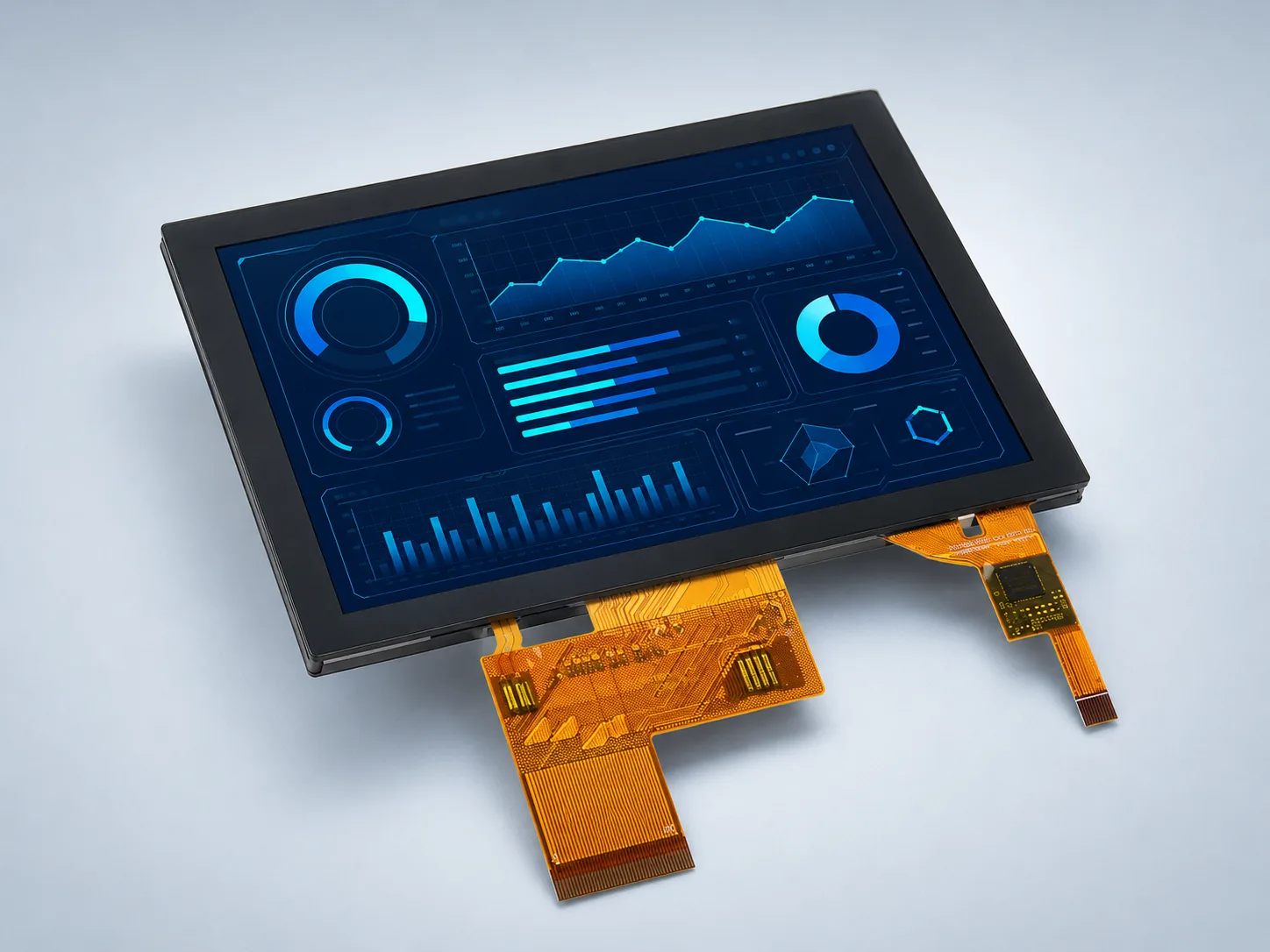 Angled view of DS-T050BWSA-02CP 5 inch PCAP TFT LCD and complete FPC assembly