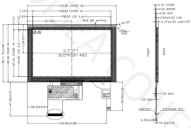 DS-T050BWSA-02CP mechanical drawing showing outline, active area, PCAP stack and FPC reference