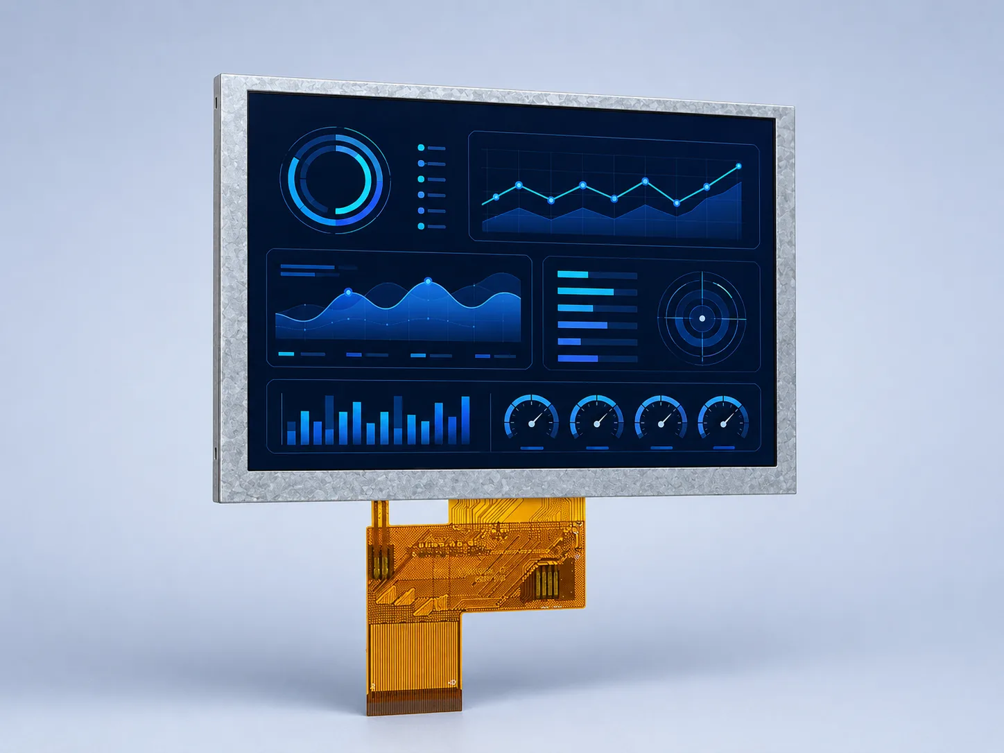Angled view of DS-T050BWSWA-02 5-inch TFT LCD module with complete FPC