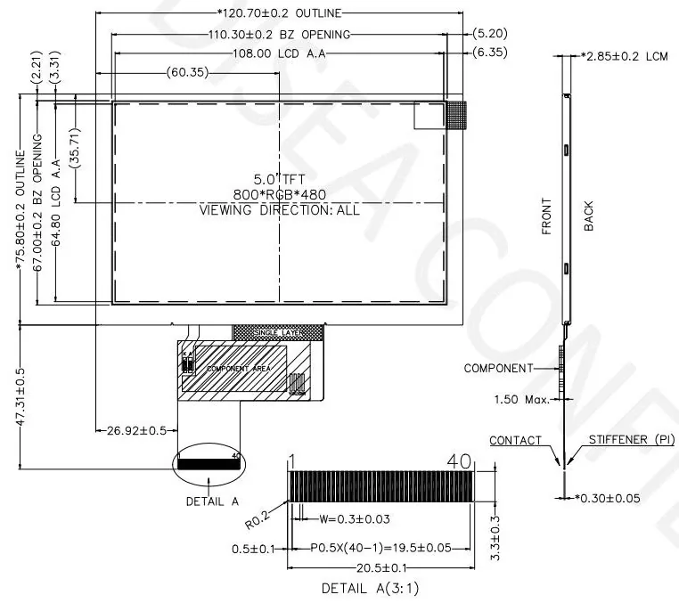 DS-T050BWSWA-02 mechanical drawing showing module outline, active area and 40-pin FPC reference