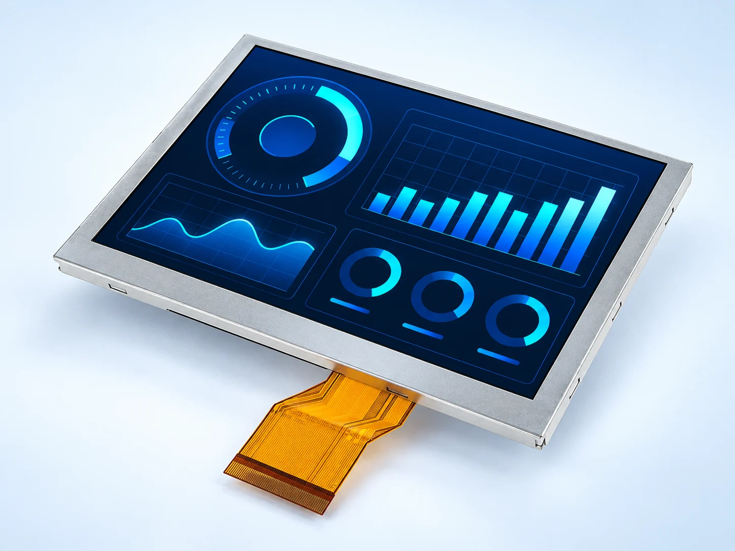 Supplied angled view of DS-T0565BGEA-02DE 5.65-inch VGA IPS RGB TFT LCD with orange FPC