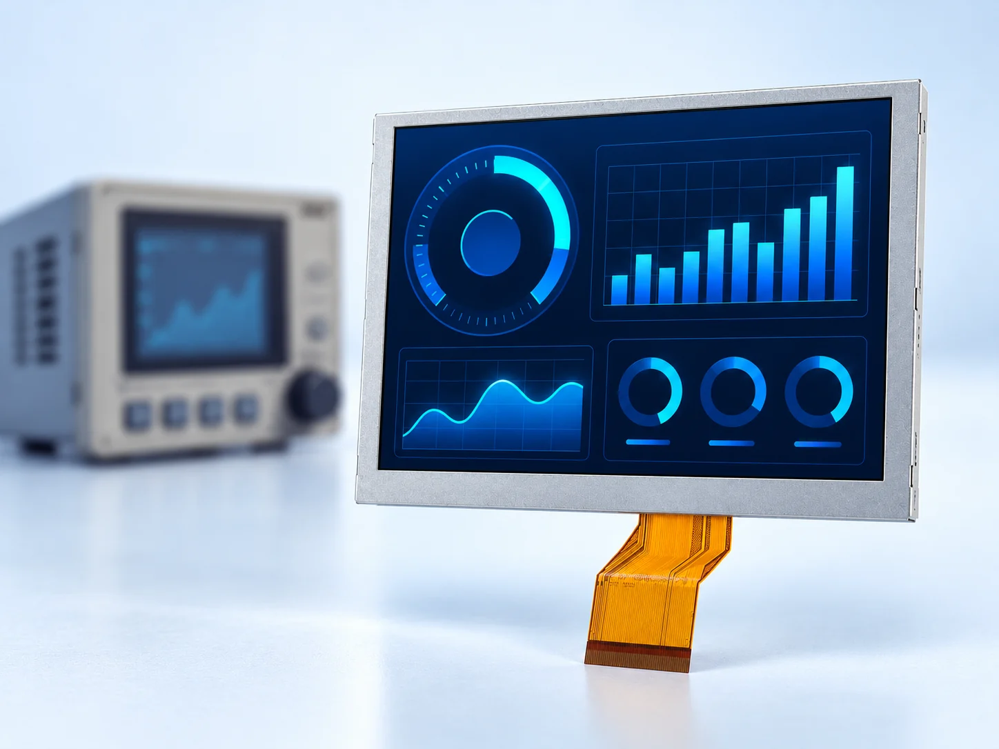 Illustrative compact display evaluation with a supplied DS-T0565BGEA-02DE front visual and a blurred generic instrument