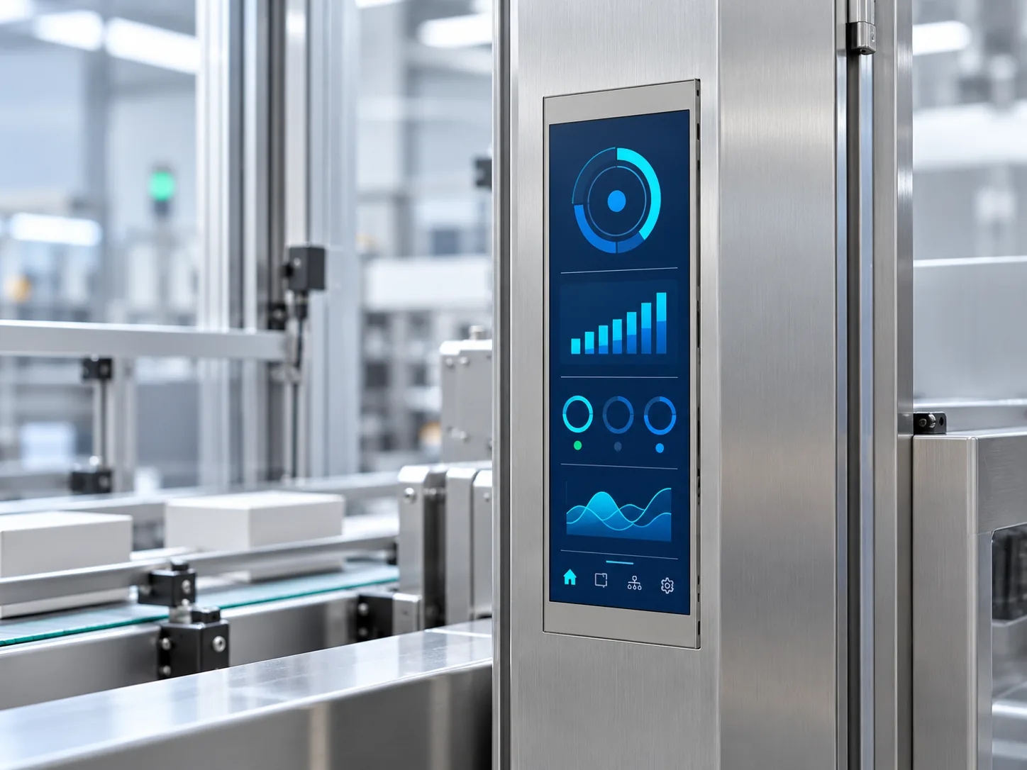 Illustrative industrial equipment panel using a narrow bar-format display