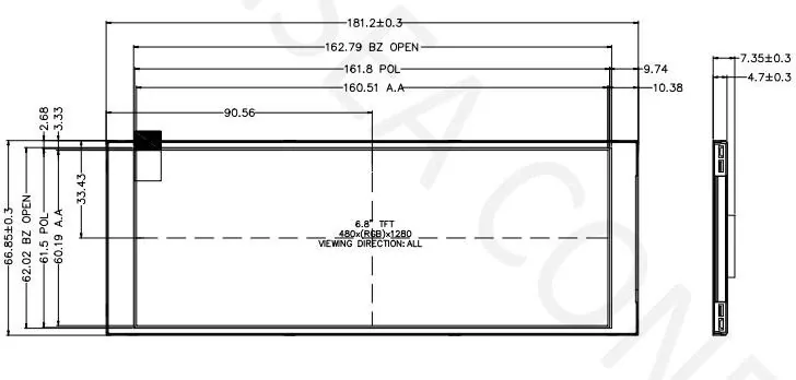 DS-T068BZSA-01 mechanical drawing with module outline, active-area and side-profile dimensions