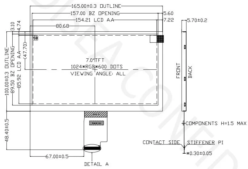 DS-T070BAHA-02 mechanical drawing showing outline, active area, thickness and FPC references