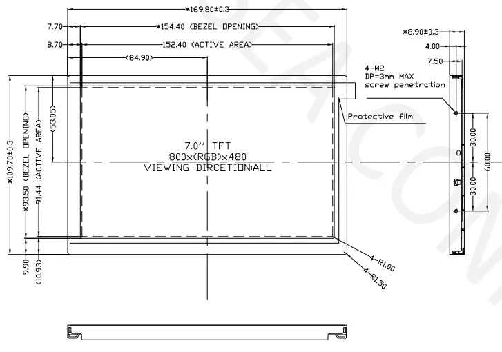 DS-T070SWHWA-01 mechanical drawing showing outline, active area, thickness and mounting references