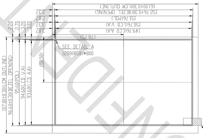DS-T070TISA-01 mechanical drawing showing outline, active area, thickness and viewing-area references