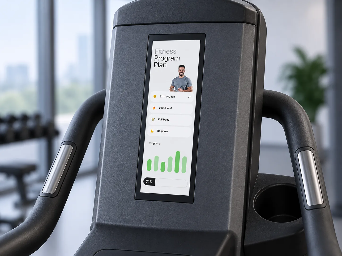 Illustrative fitness equipment console using a portrait bar display