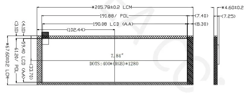 DS-T078VYRA-01 mechanical drawing showing module outline, active area and FPC reference