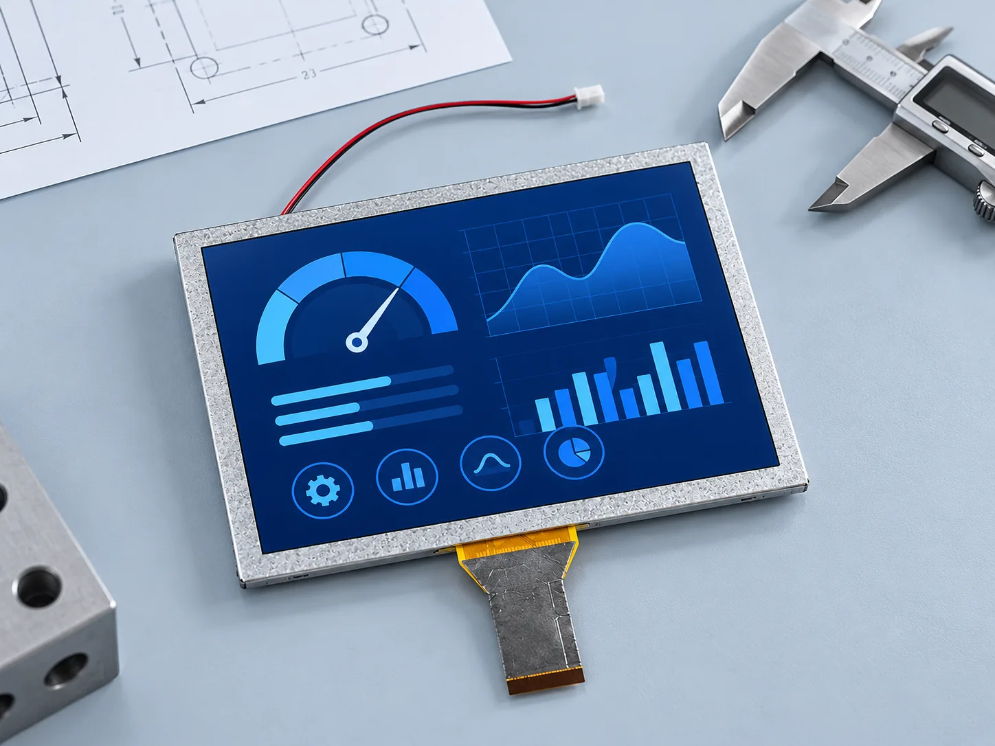 Illustrative DS-T080QGH-09 TFT LCD at an engineering workbench