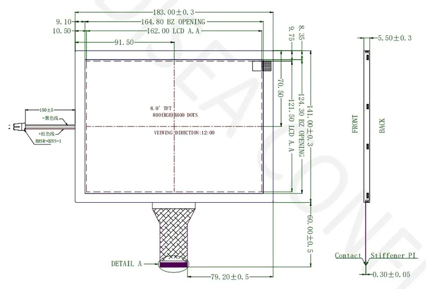 DS-T080QGH-09 mechanical drawing showing 183.00×141.00 mm outline, active area and FPC exit