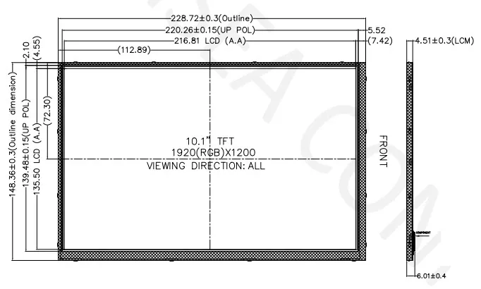 DS-T101BFHA-01 base LCD mechanical drawing showing a 228.72×148.36×4.51 mm outline and 216.81×135.50 mm active area
