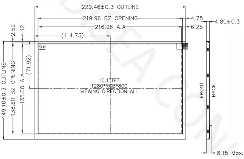 Mechanical reference drawing for DS-T101HIEWA-01 10.1-inch 1280×800 TFT LCD