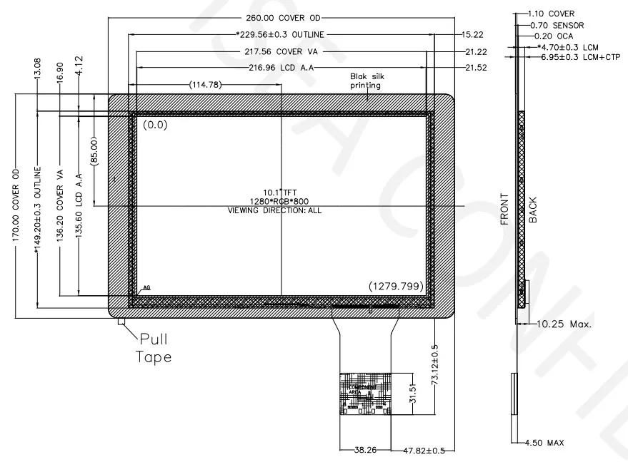 DS-T101HIEWA-01CP mechanical drawing showing cover outline, active area, PCAP stack and FPC reference