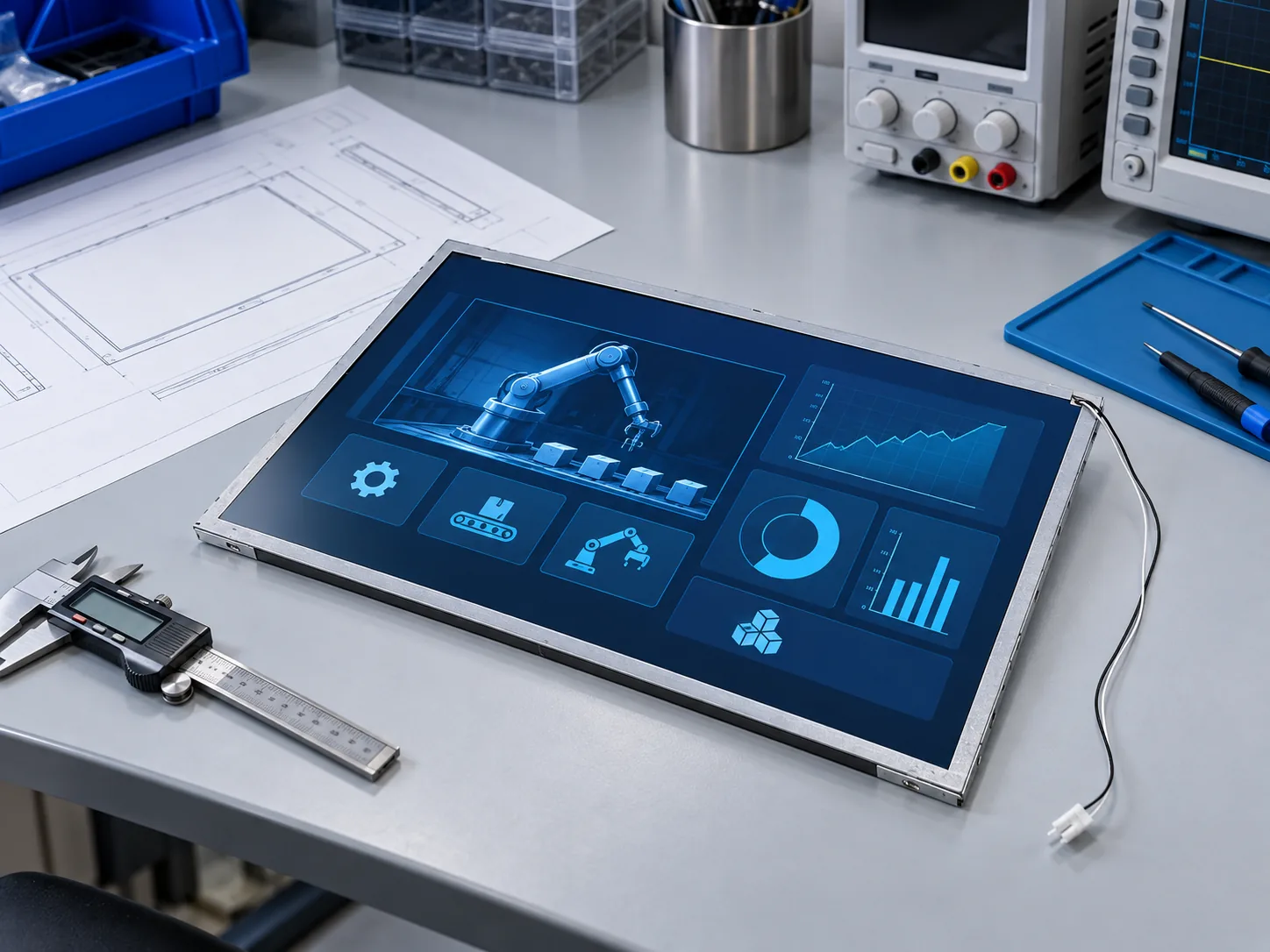 Illustrative engineering workbench reference featuring a 12.1-inch industrial TFT LCD