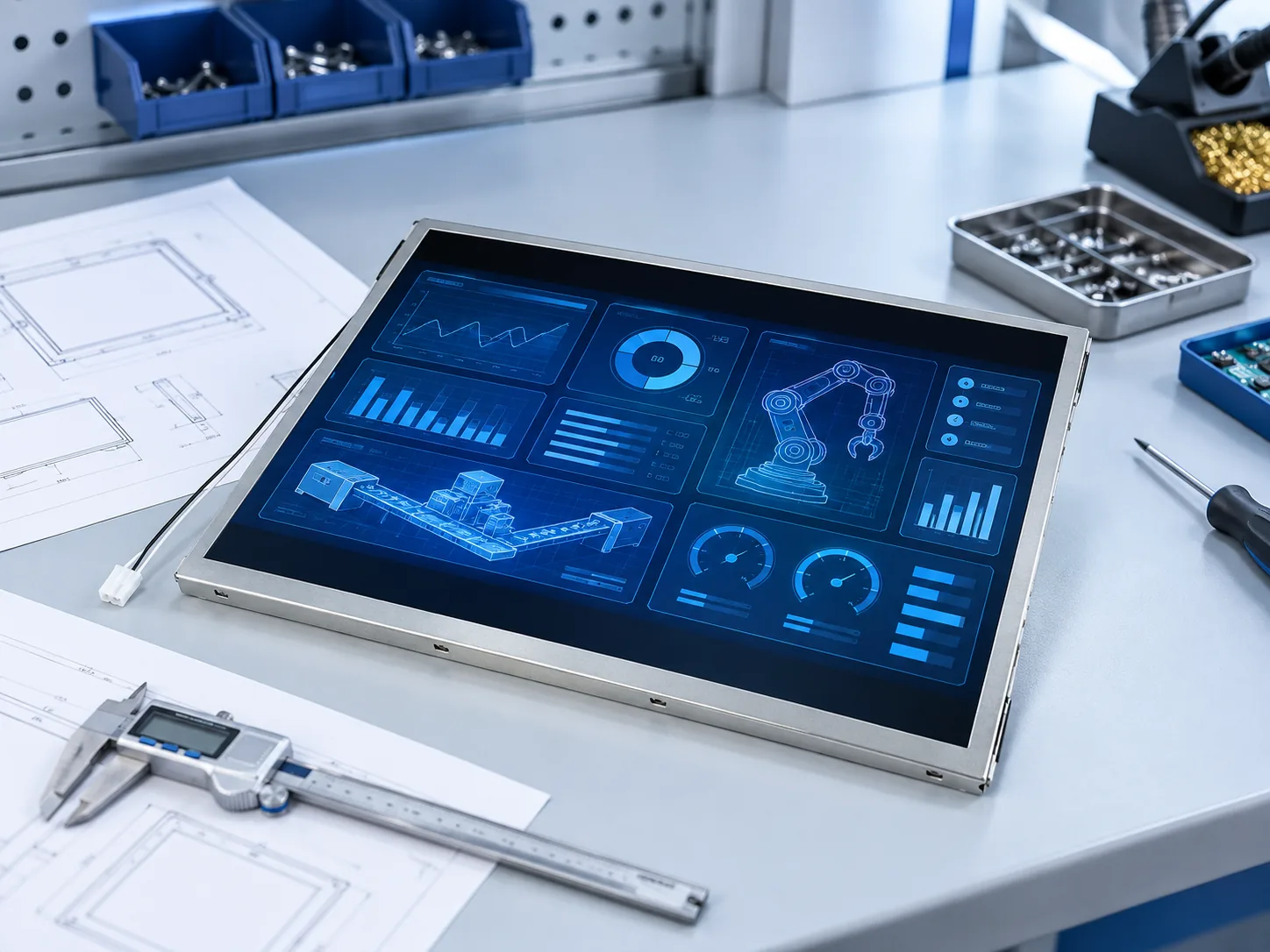 Illustrative engineering workbench reference featuring a 12.1-inch industrial TFT LCD