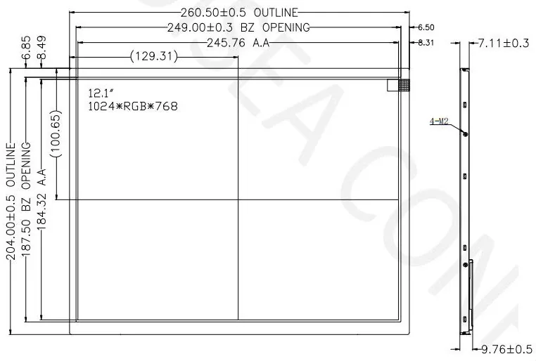 Mechanical reference drawing for DS-T121QXHA-01 12.1-inch 1024×768 TFT LCD