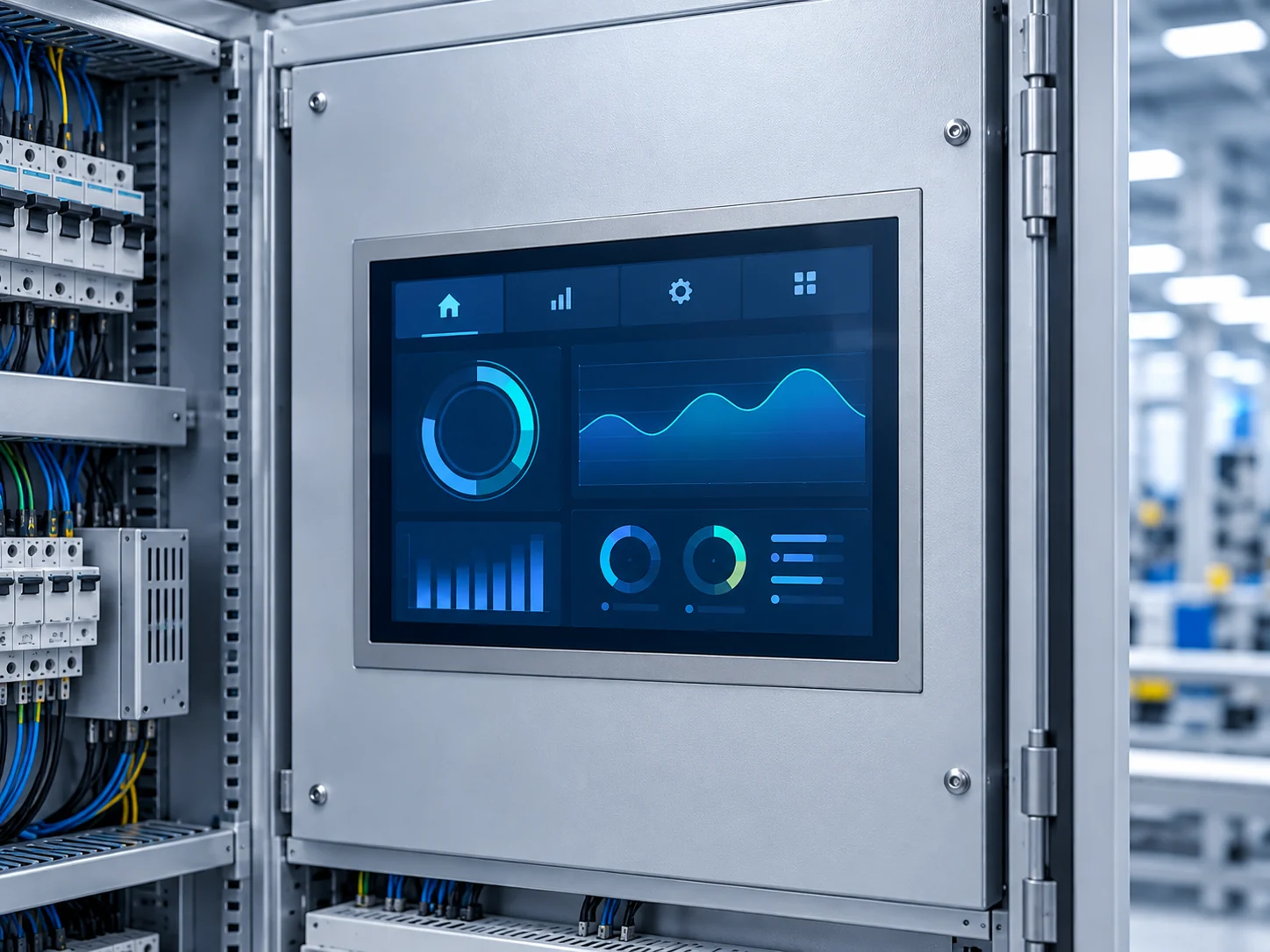 Illustrative indoor industrial control cabinet with a 4:3 display integration concept
