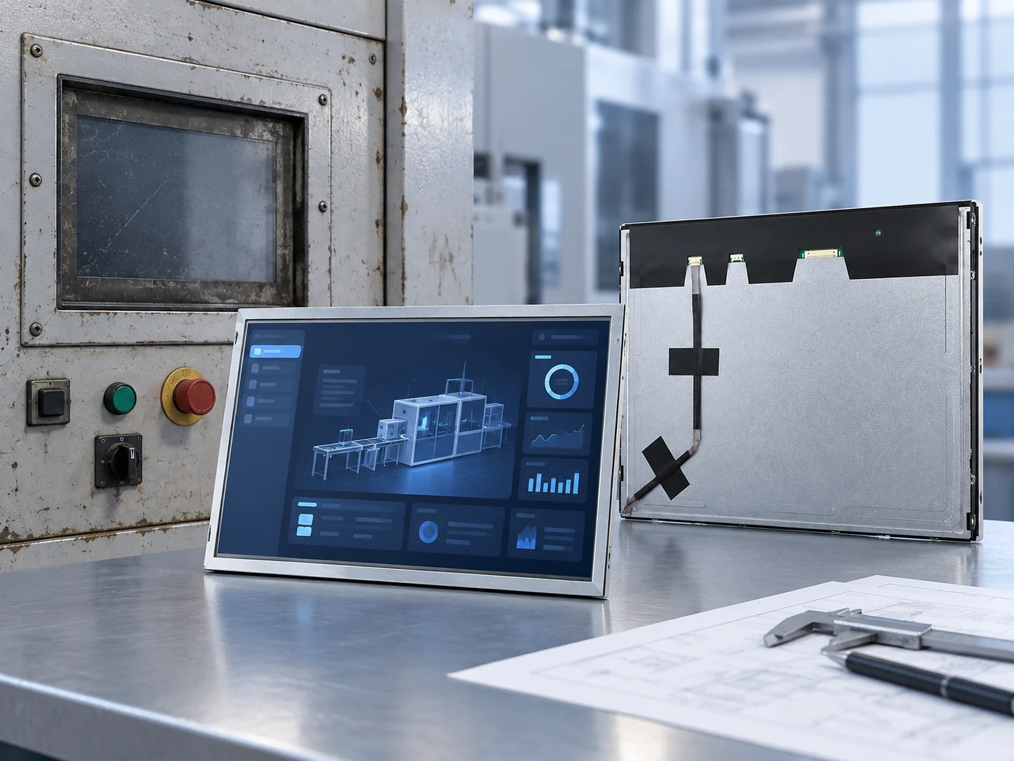 Conceptual legacy HMI replacement review with an old control cabinet and supplied front and rear module visuals